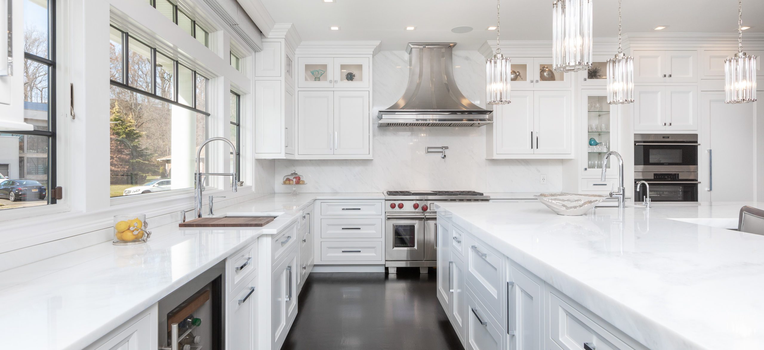 gray marble on white kitchen island